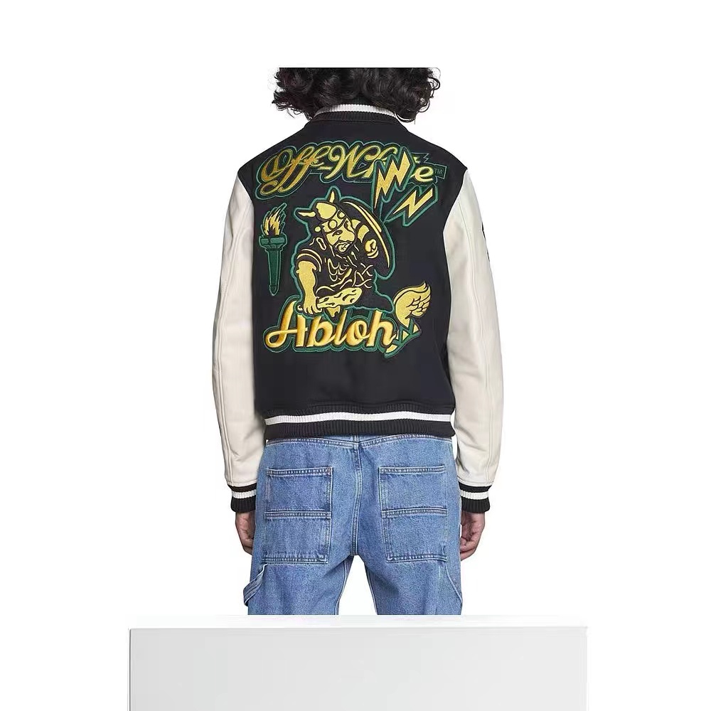 OW22FW multi-icon badge wool woolen stitching jacket thickened cotton baseball uniform jacket