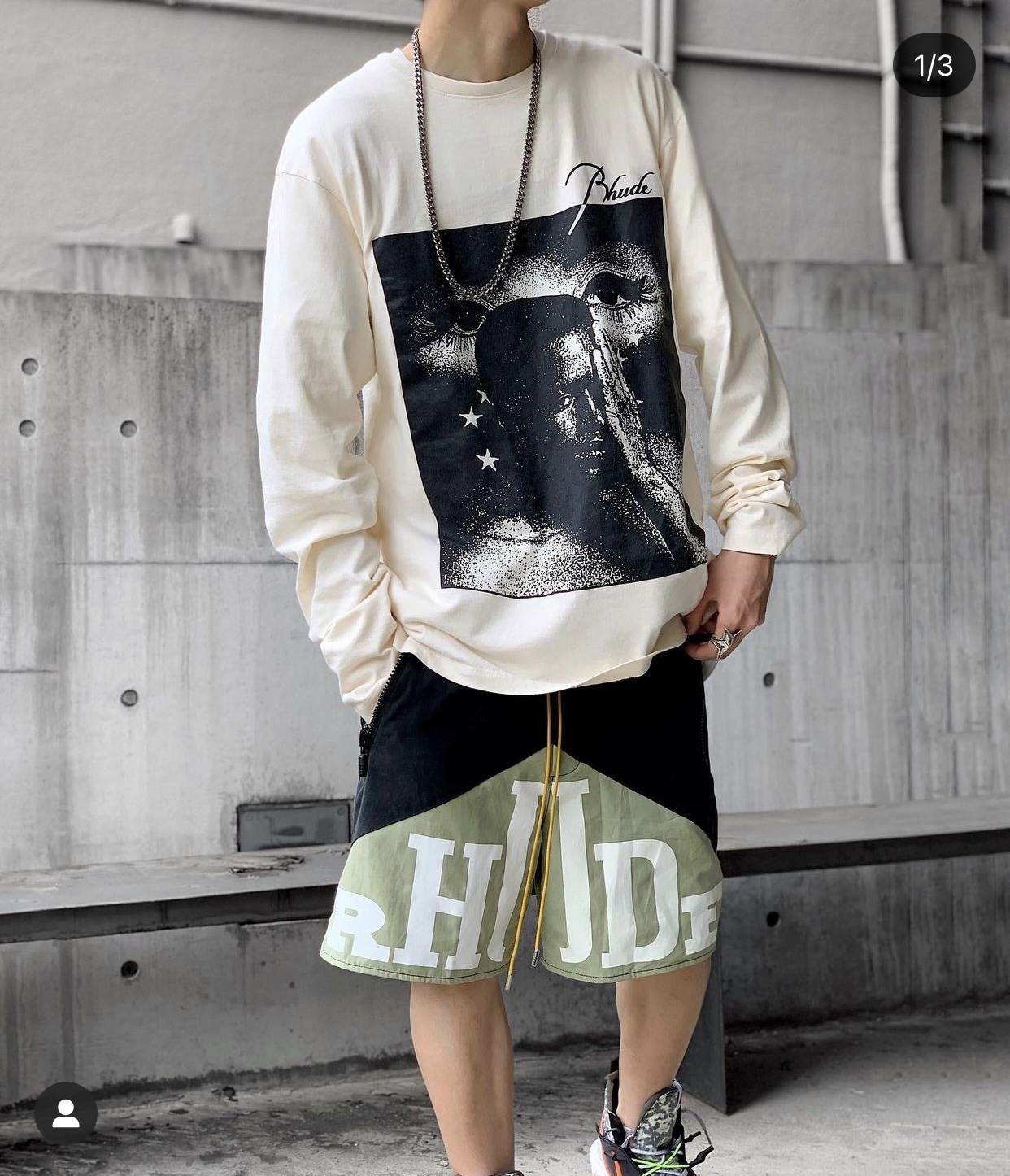 RHUDE vintage logo print two-tone drawstring shorts