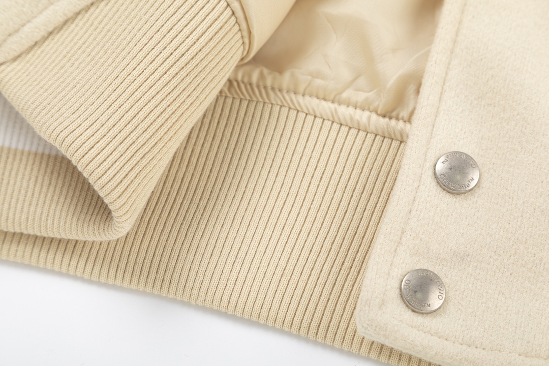 Off-White 2024 Fall/Winter new heavy embroidery patchwork leather varsity jacket in beige, unisex