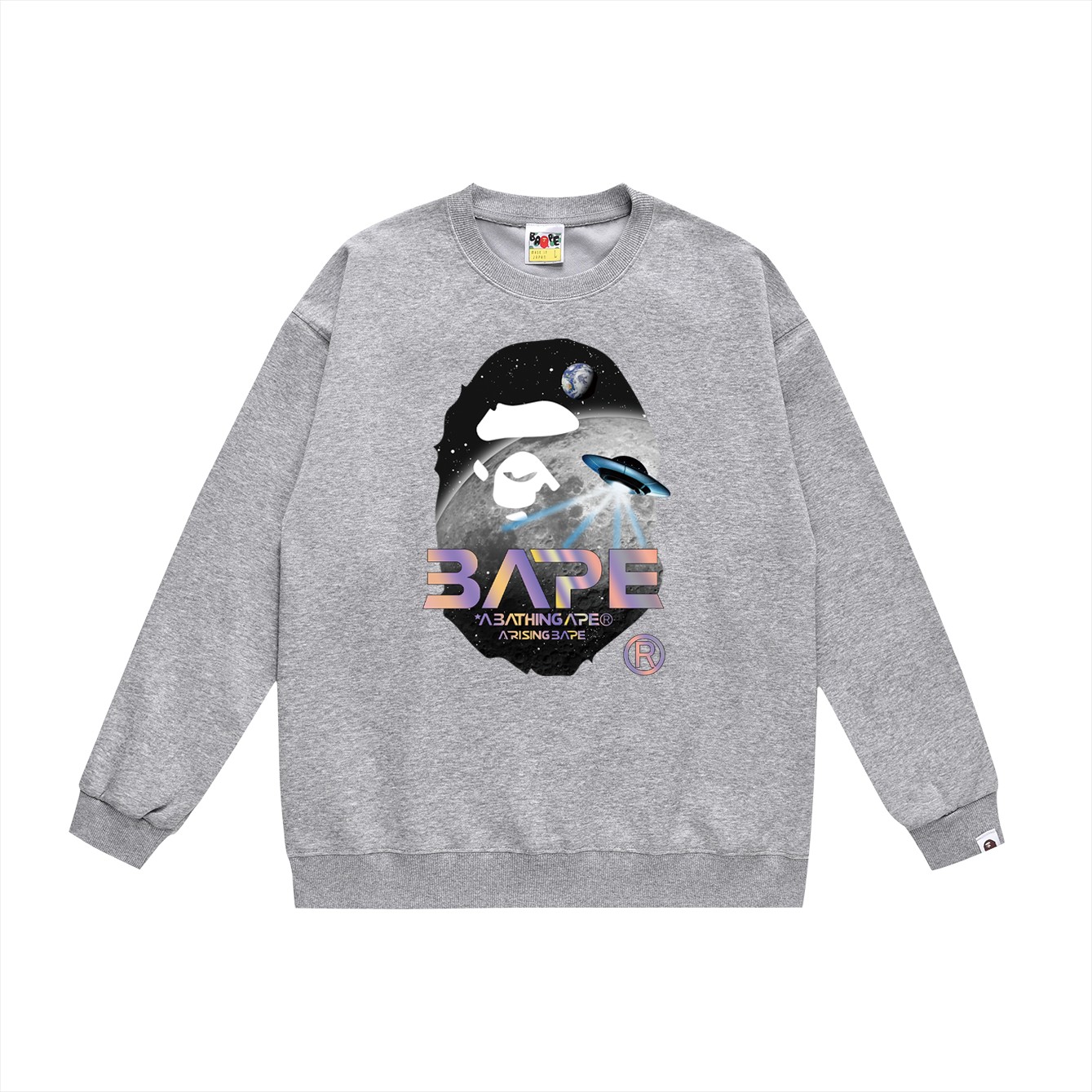 BAPE Mid-Autumn Moon and UFO Ape Head holographic logo graphic crewneck sweatshirt